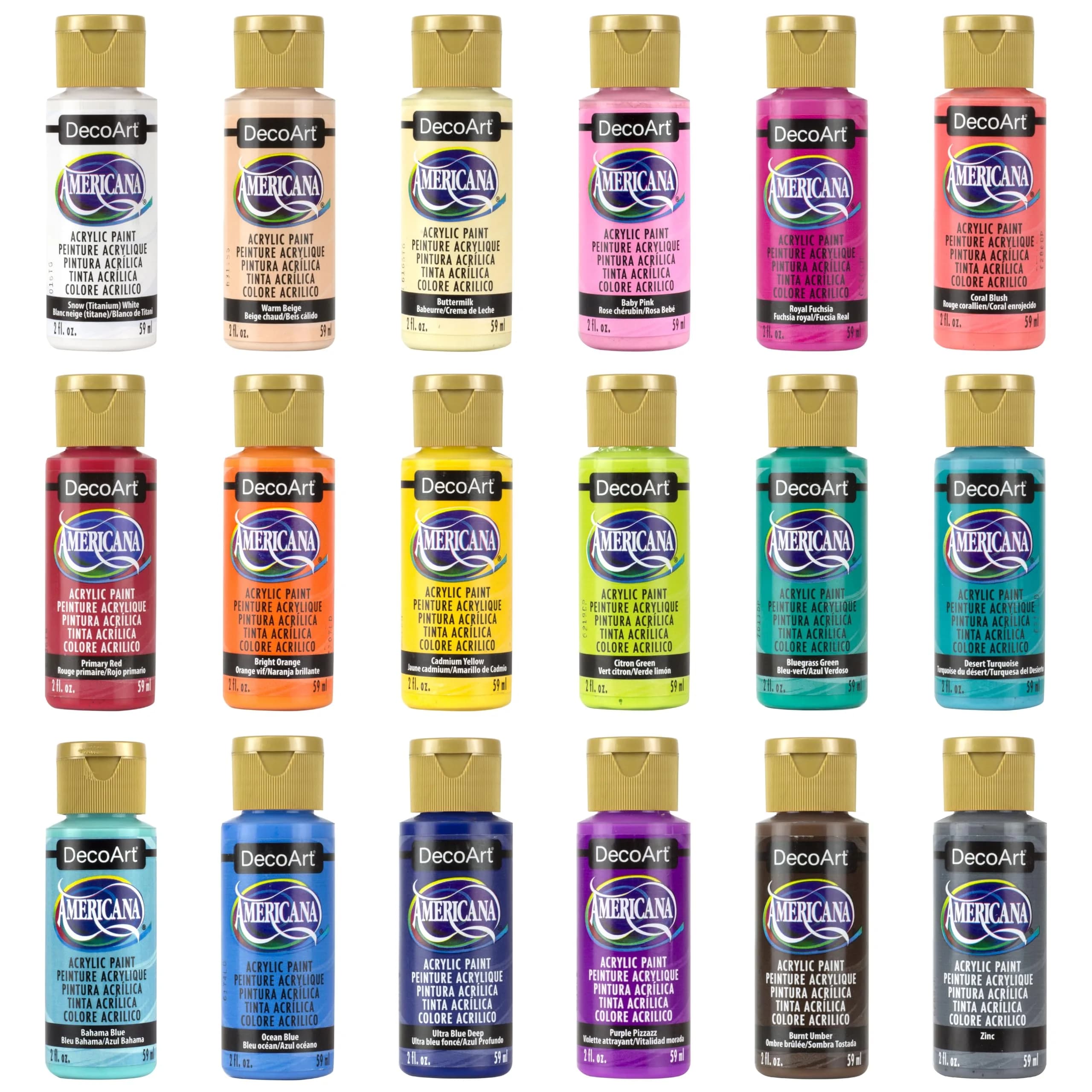 DecoArt Americana Acrylic Paint Set – Popular Colors, 18 Bottles (36 fl oz / 1065 ml) | Premium Pigmented Craft Paint - main product image