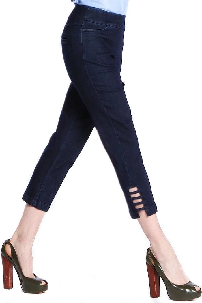 SLIM-SATION Women's Pull-On Crop Pants, Tummy Control, Slim Fit, Denim, 14 | Comfortable Slimming Fit with Tummy Support — Denim