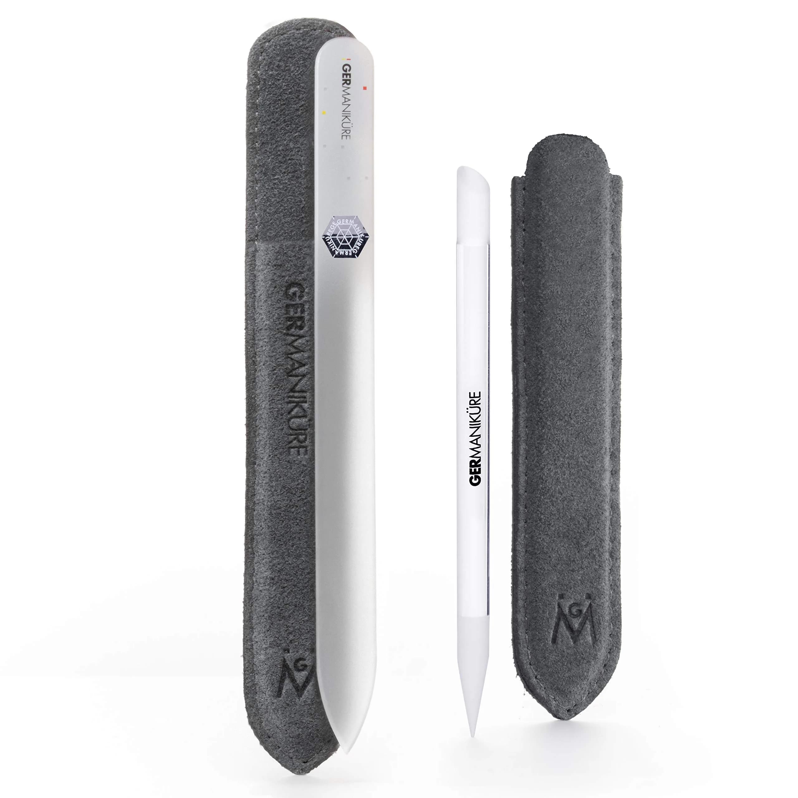 GERmanikure Glass Nail File & Cuticle Pusher Duo, White Nail File | Handcrafted Czech Glass for Natural & Acrylic Nails — White