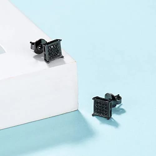Tarsus 7mm Mens Square Earrings Black Stud Diamond Crystal | Stainless Steel thumbnail 4