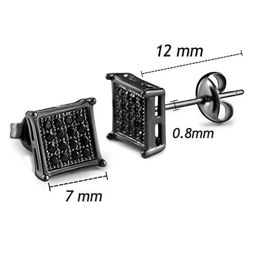 Tarsus 7mm Mens Square Earrings Black Stud Diamond Crystal | Stainless Steel thumbnail 5