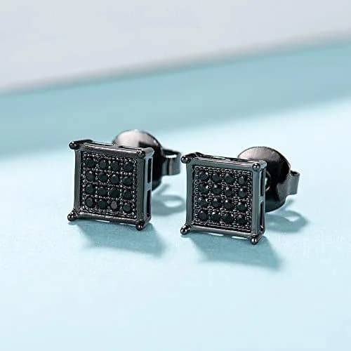 Tarsus 7mm Mens Square Earrings Black Stud Diamond Crystal | Stainless Steel thumbnail 2