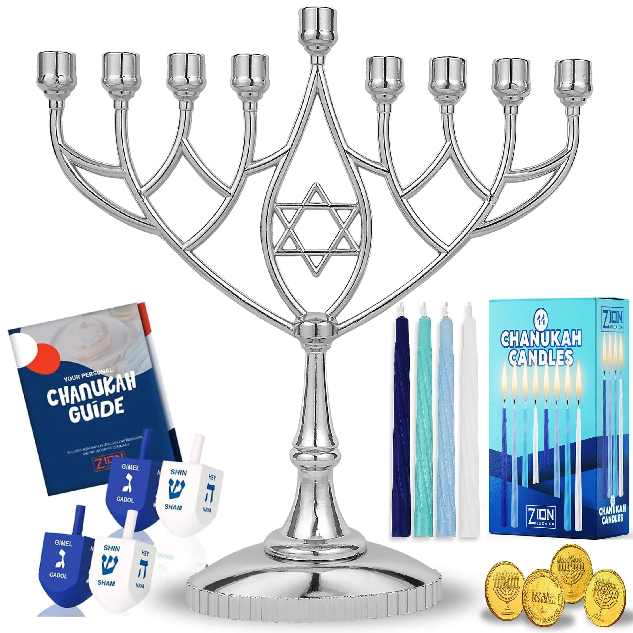 Zion Judaica Ltd Last Minute Complete Hanukkah Menorah Kit - 9" Menorah, 44 Candles, Dreidels, Gelt, Guide | Judaica Gift