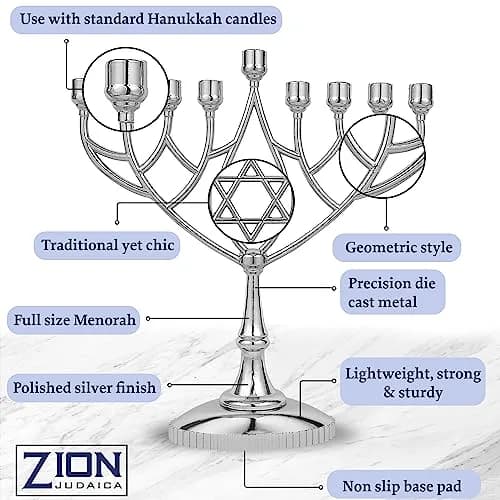 Zion Judaica Ltd Last Minute Complete Hanukkah Menorah Kit - 9" Menorah, 44 Candles, Dreidels, Gelt, Guide | Judaica Gift thumbnail 5