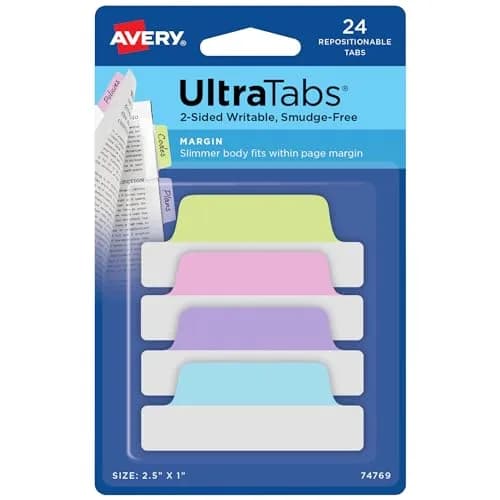 Avery Margin Ultra Tabs® 2.5" x 1" Repositionable Pastel 24 Tabs | Clear Adhesive for Book & Document Marking thumbnail 1