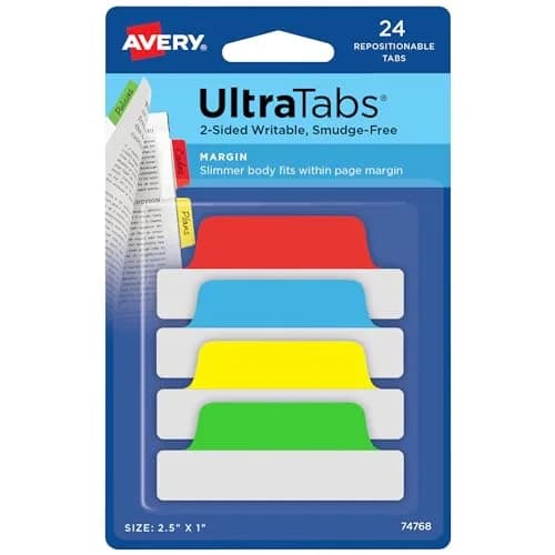 Avery Margin Ultra Tabs, 2.5" x 1" | Repositionable, 24 Tabs, Assorted Colors, Paper & Plastic thumbnail 1