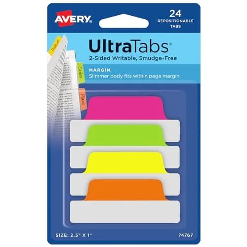 Avery Margin Ultra Tabs, 2.5" x 1", 24 Neon Repositionable Tabs | Fits Margins, Repositionable, Neon Colors thumbnail 1