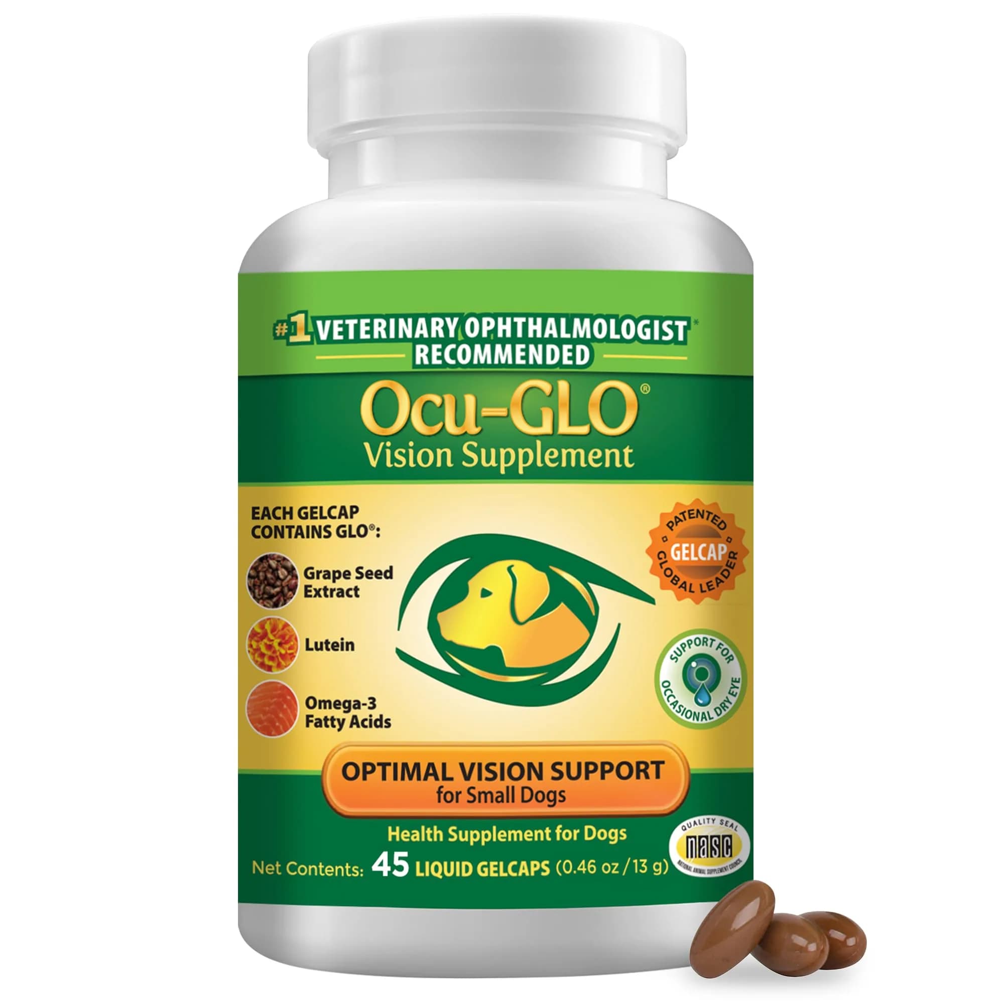 Ocu-GLO Vision Supplement for Small Dogs 45ct Liquid Gelcaps | Eye Health Support with Lutein & Omega-3 — Small Dogs (10 lbs and Under)