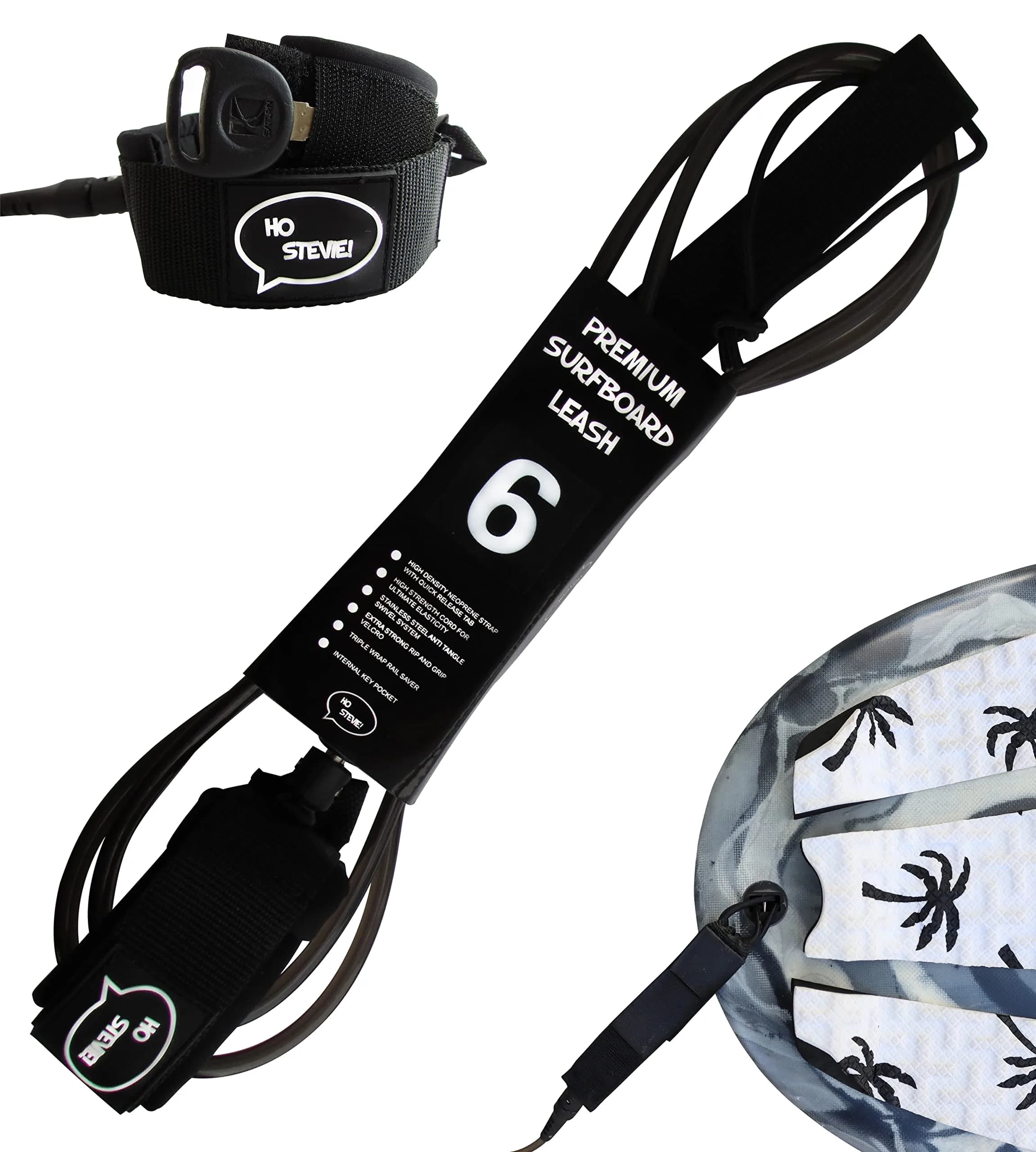 Ho Stevie! Premium Surf Leash - No Tangles, No Lost Surfboard - Hi-Strength Lightweight 1/4" Cord - Feels Like Surfing Leashless - 6/7/8/9 Feet | Ultimate Strength & Comfort