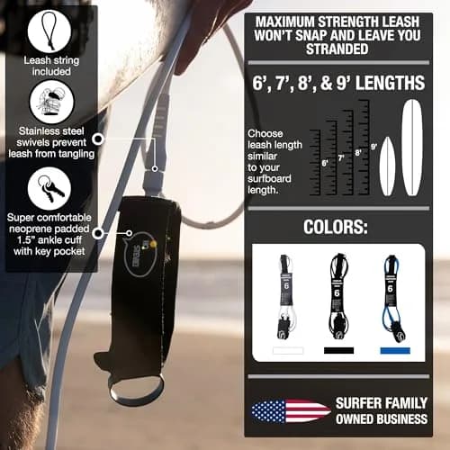 Ho Stevie! Premium Surf Leash - No Tangles, No Lost Surfboard - Hi-Strength Lightweight 1/4" Cord - Feels Like Surfing Leashless - 8 Feet thumbnail 2