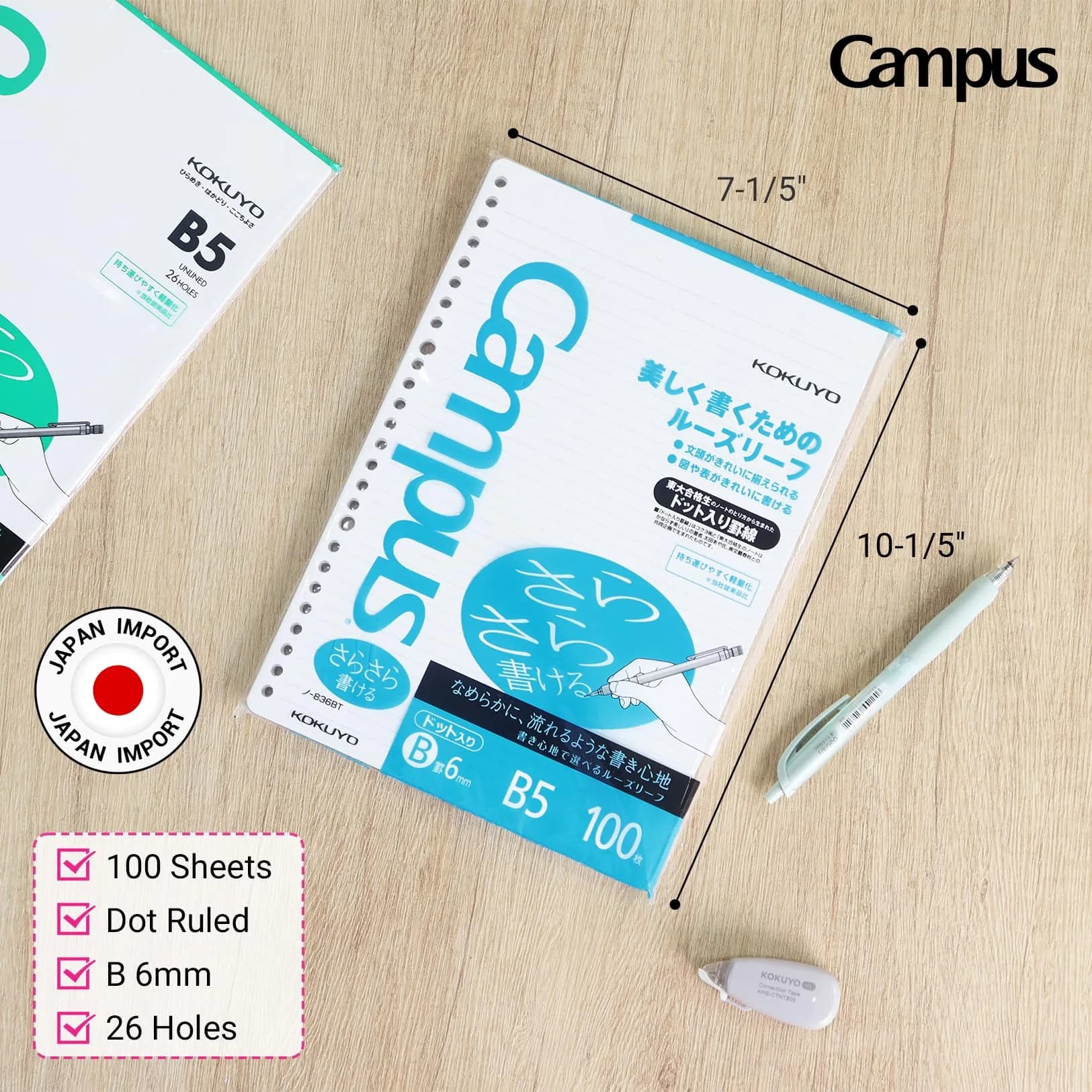 KOKUYO Campus Loose Leaf Paper for Binders, Sarasara Smooth Writing, B5, 200 Sheets (100 Sheets x 2 Packs) | Made in Japan - view 2