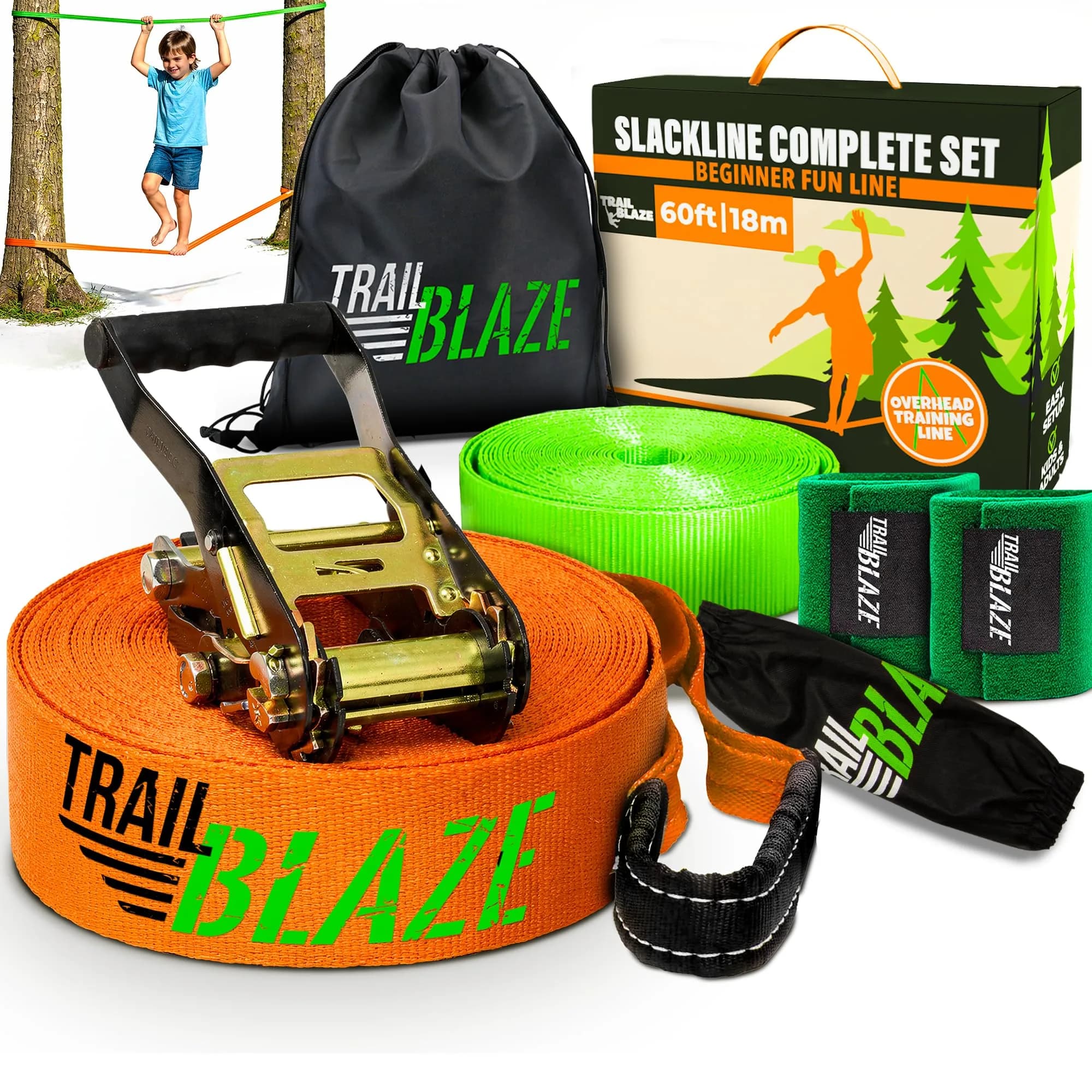 Trailblaze Complete Slackline Kit - 60ft Backyard Rope for Kids & Adults | Easy Setup, 11,000 lb Webbing, 5 Yr Warranty