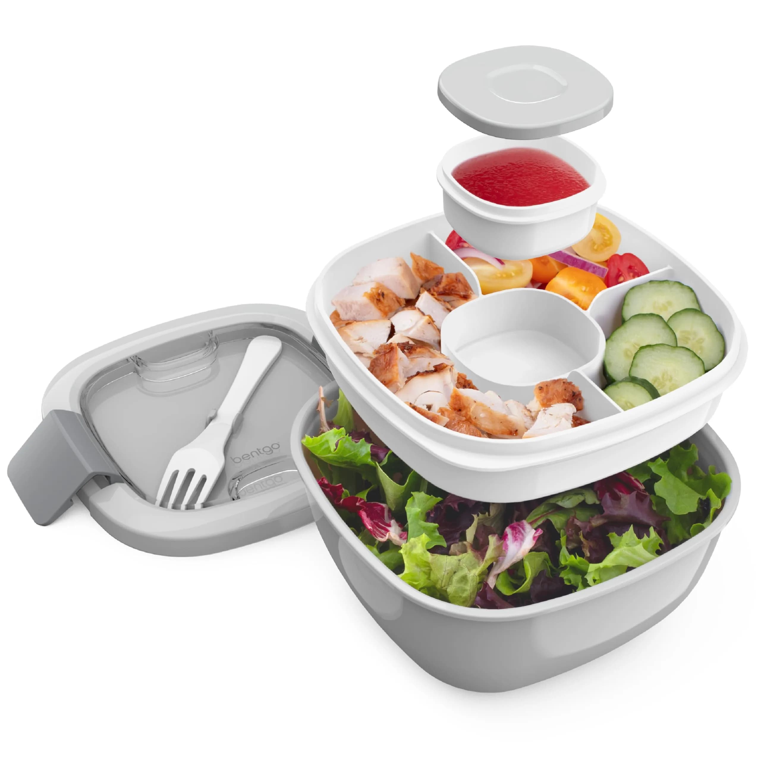 Bentgo Gray 54 oz Salad Container with 4-Compartment Tray | Leak-Proof Dressing Container & Reusable Fork - main product image