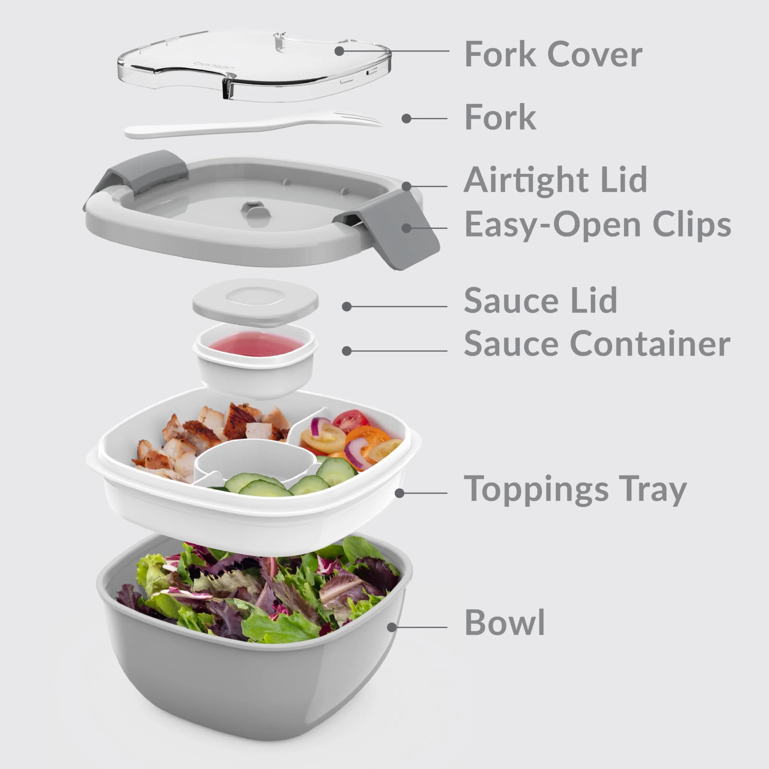 Bentgo Gray 54 oz Salad Container with 4-Compartment Tray | Leak-Proof Dressing Container & Reusable Fork - view 6