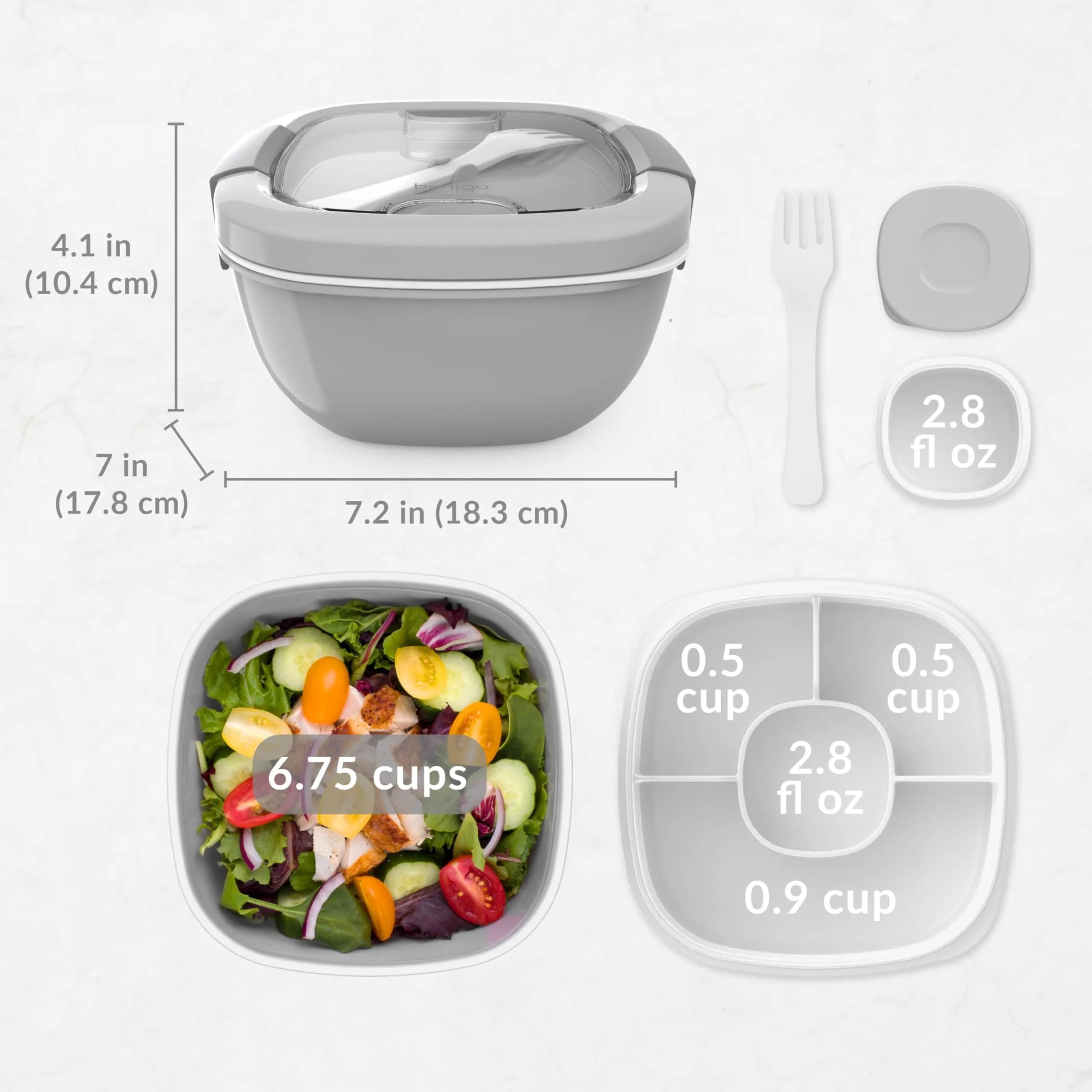 Bentgo Gray 54 oz Salad Container with 4-Compartment Tray | Leak-Proof Dressing Container & Reusable Fork - view 7