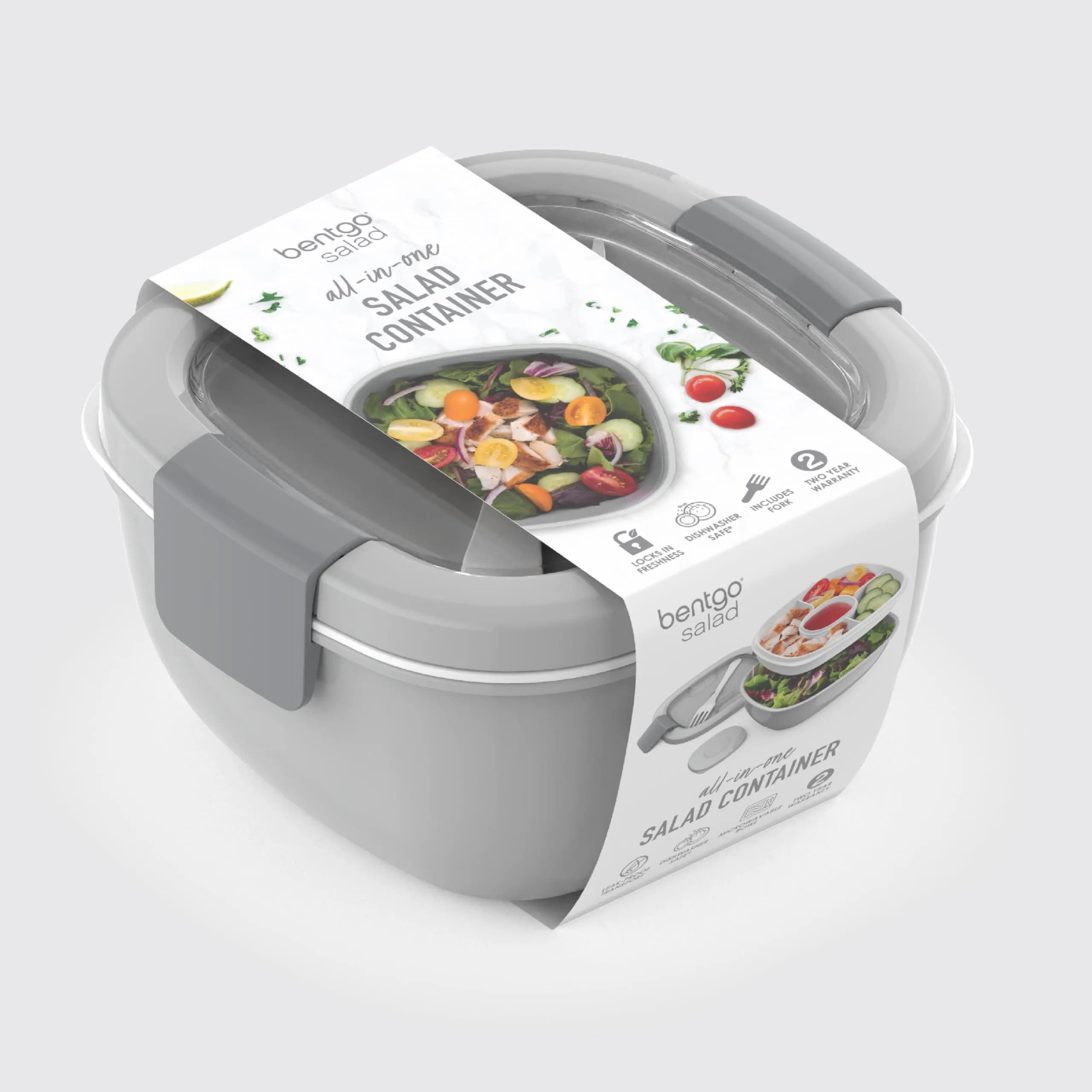 Bentgo Gray 54 oz Salad Container with 4-Compartment Tray | Leak-Proof Dressing Container & Reusable Fork - view 8