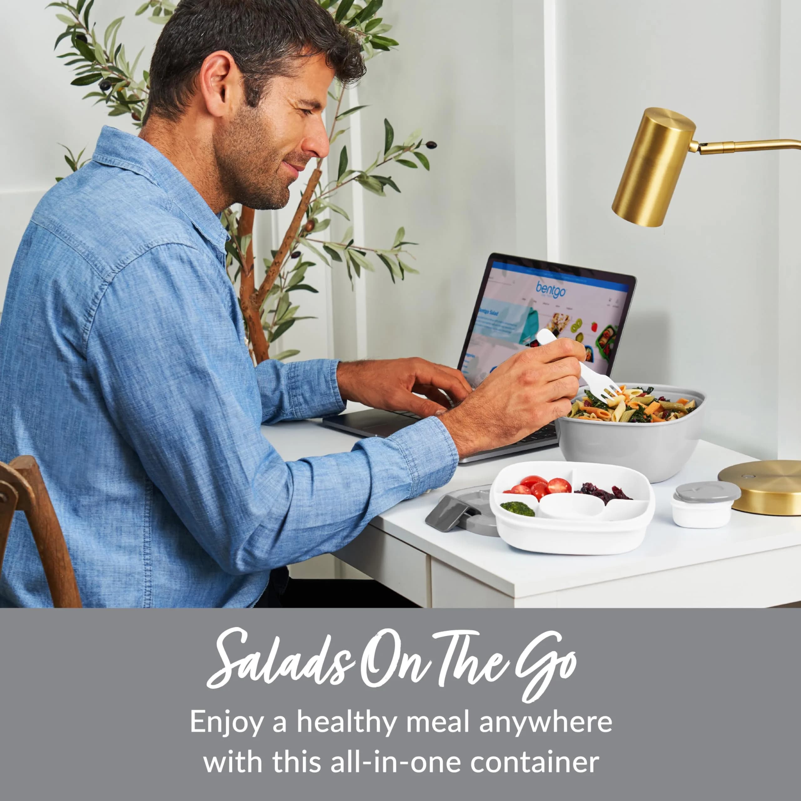Bentgo Gray 54 oz Salad Container with 4-Compartment Tray | Leak-Proof Dressing Container & Reusable Fork - view 2