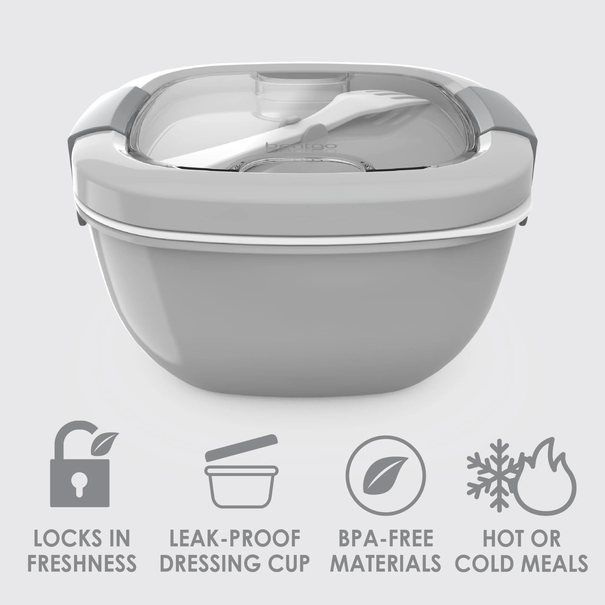 Bentgo Gray 54 oz Salad Container with 4-Compartment Tray | Leak-Proof Dressing Container & Reusable Fork - view 3