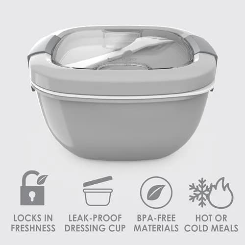 Bentgo Gray 54 oz Salad Container with 4-Compartment Tray | Leak-Proof Dressing Container & Reusable Fork thumbnail 3