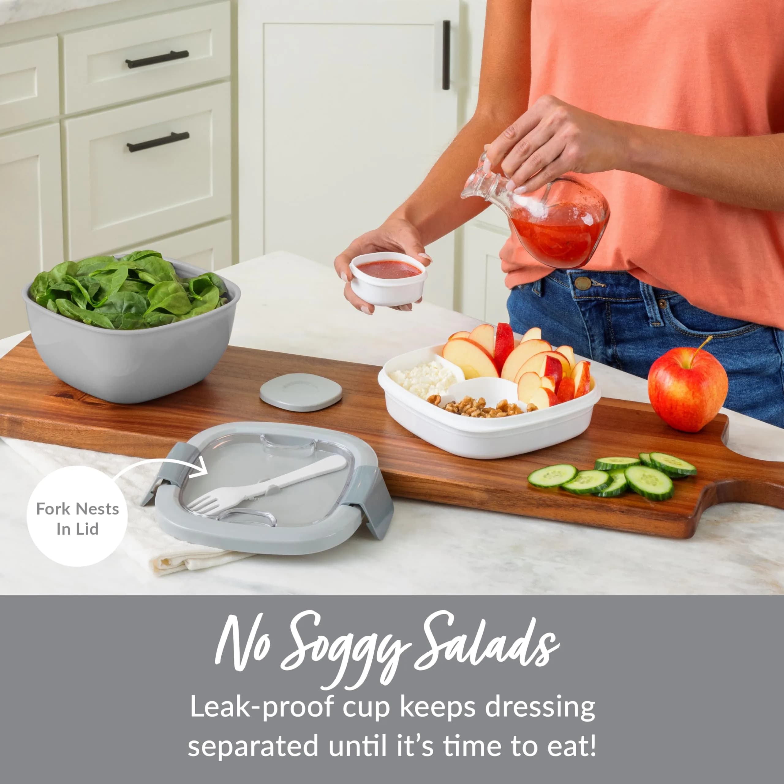 Bentgo Gray 54 oz Salad Container with 4-Compartment Tray | Leak-Proof Dressing Container & Reusable Fork - view 4