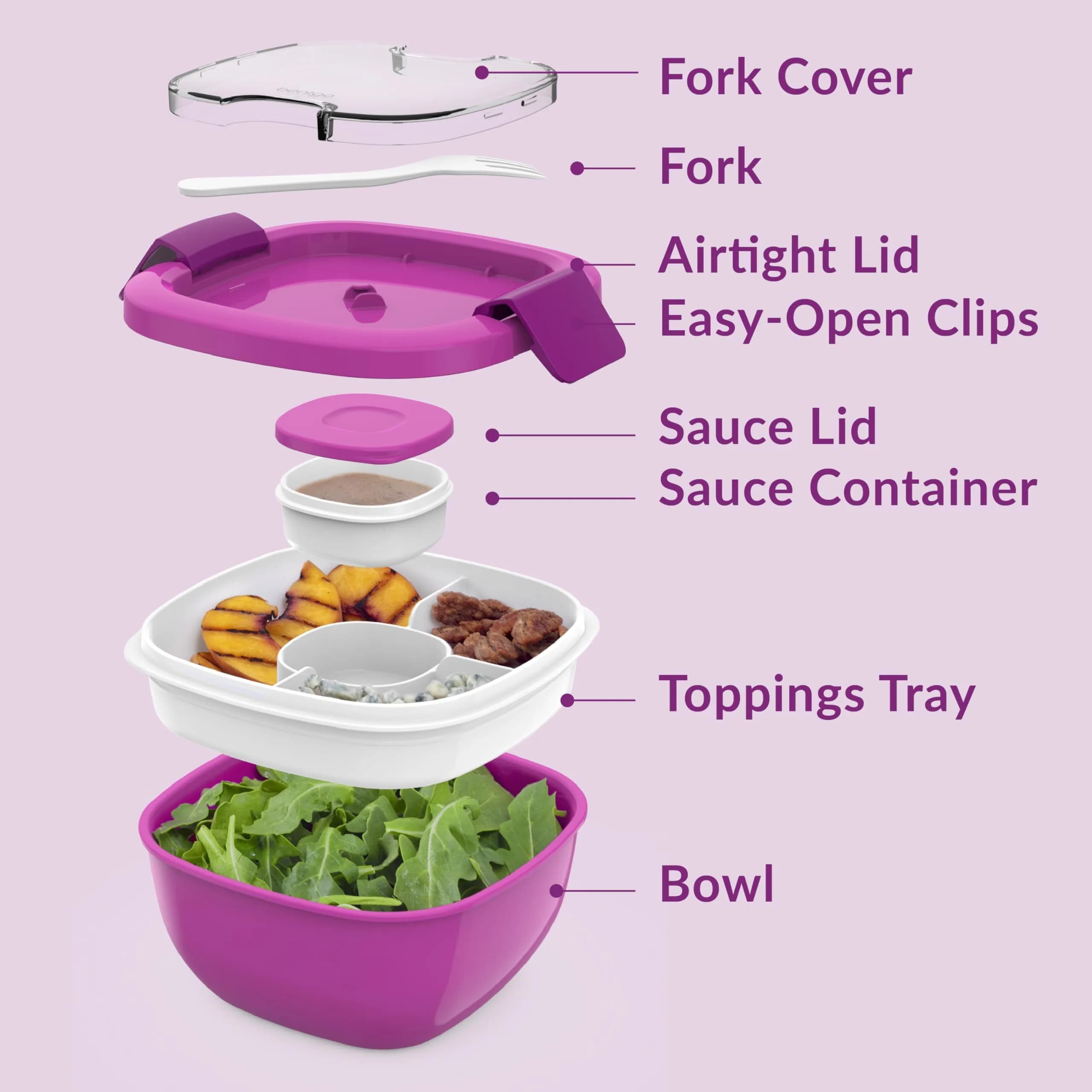 Bentgo Salad Container Purple 1.59 L (54 oz) | Leak-Proof Meal Prep Lunch Box with Toppings Tray & Fork - view 6