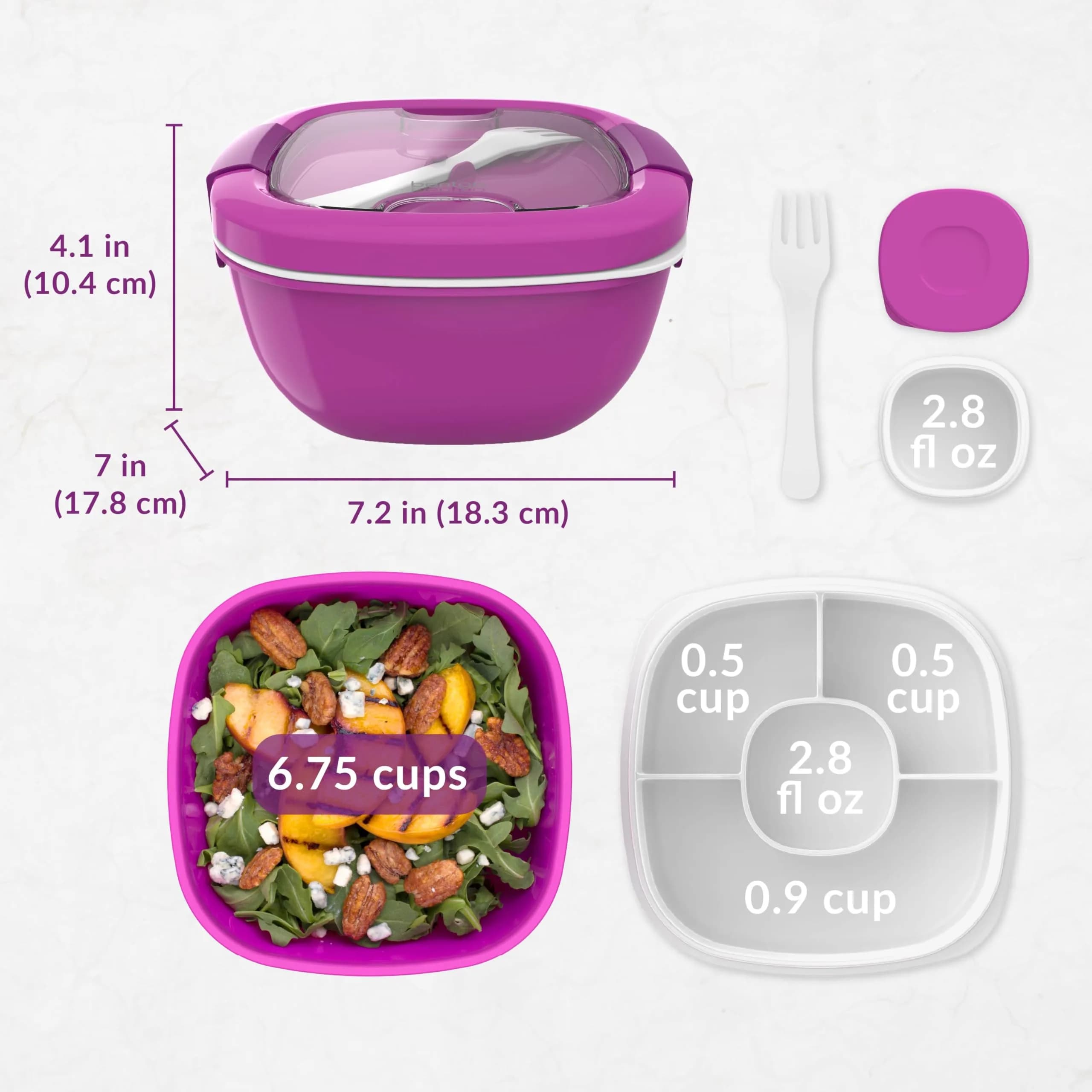 Bentgo Salad Container Purple 1.59 L (54 oz) | Leak-Proof Meal Prep Lunch Box with Toppings Tray & Fork - view 7