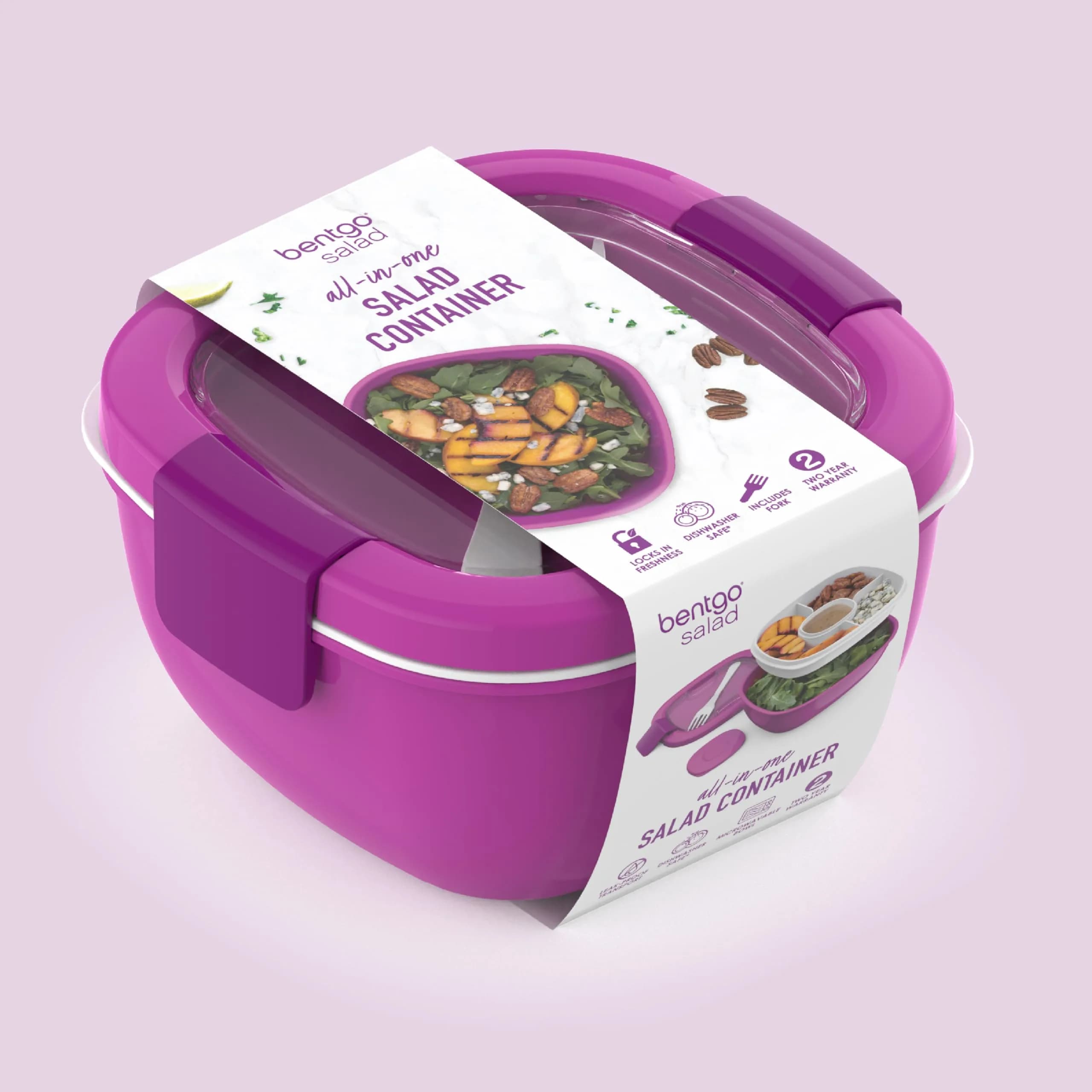 Bentgo Salad Container Purple 1.59 L (54 oz) | Leak-Proof Meal Prep Lunch Box with Toppings Tray & Fork - view 8