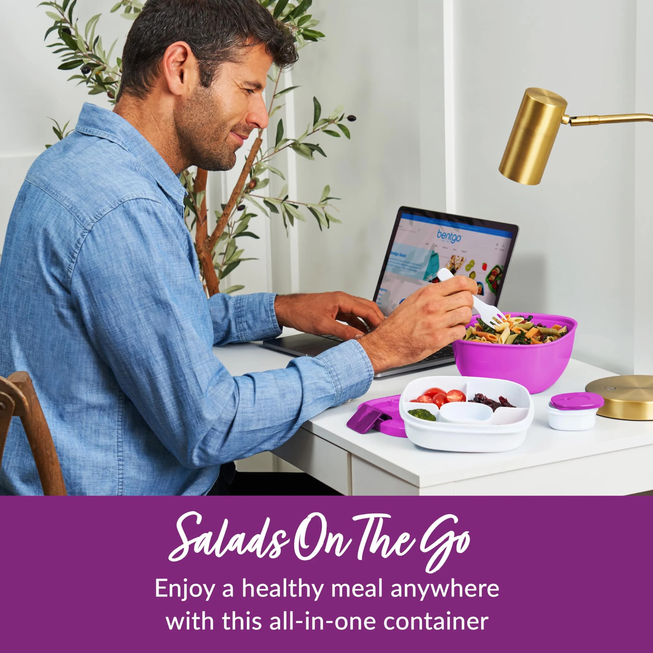 Bentgo Salad Container Purple 1.59 L (54 oz) | Leak-Proof Meal Prep Lunch Box with Toppings Tray & Fork - view 2