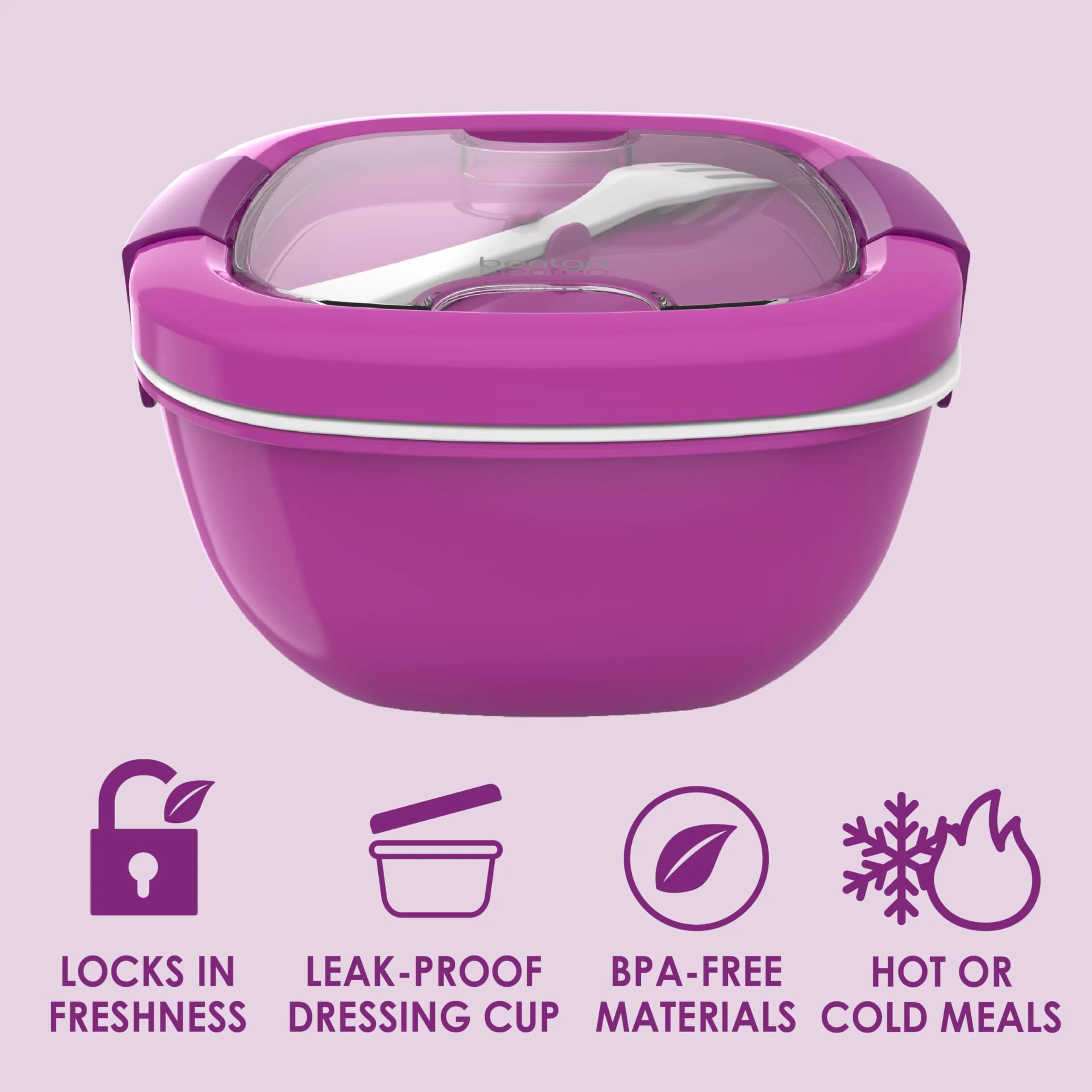 Bentgo Salad Container Purple 1.59 L (54 oz) | Leak-Proof Meal Prep Lunch Box with Toppings Tray & Fork - view 3