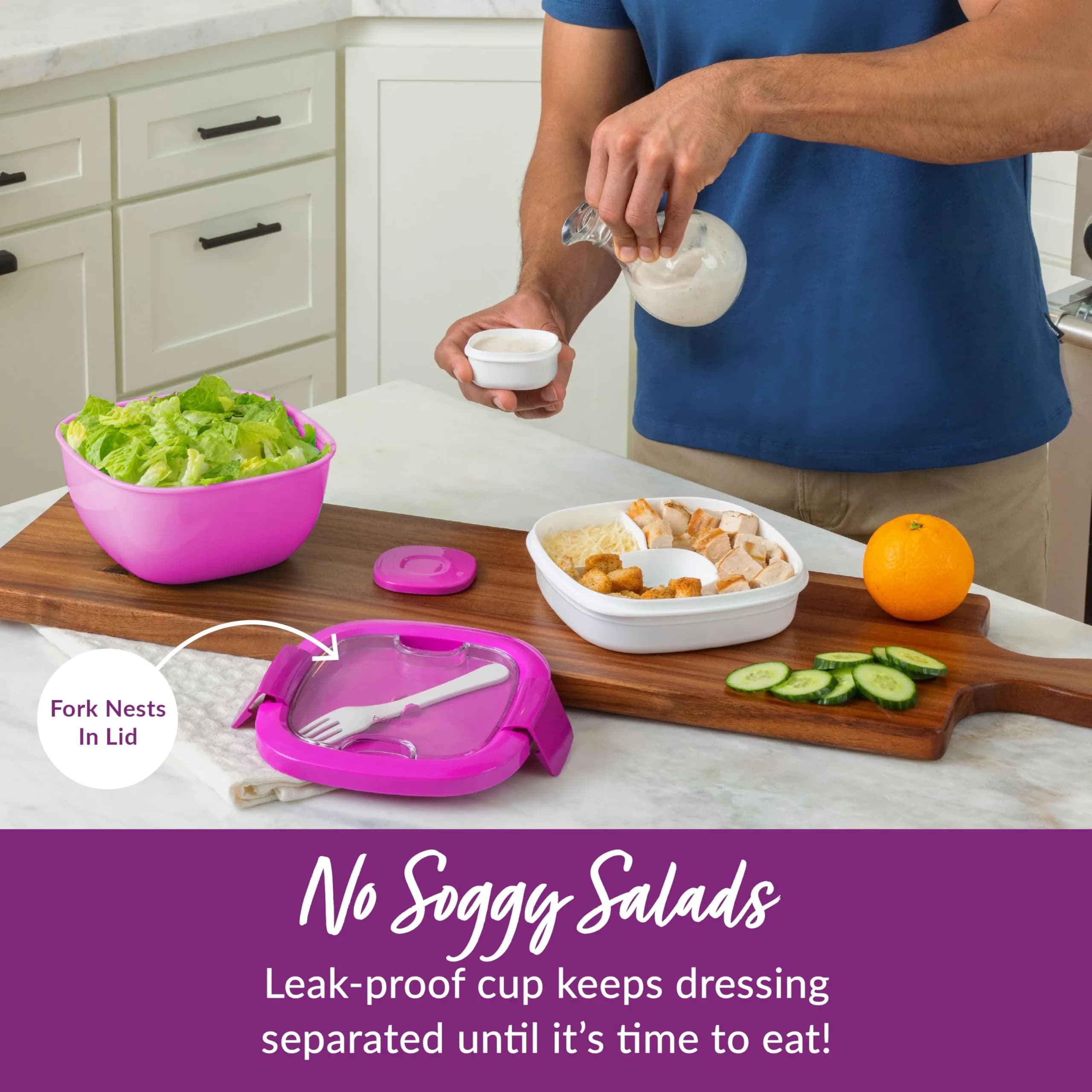 Bentgo Salad Container Purple 1.59 L (54 oz) | Leak-Proof Meal Prep Lunch Box with Toppings Tray & Fork - view 4