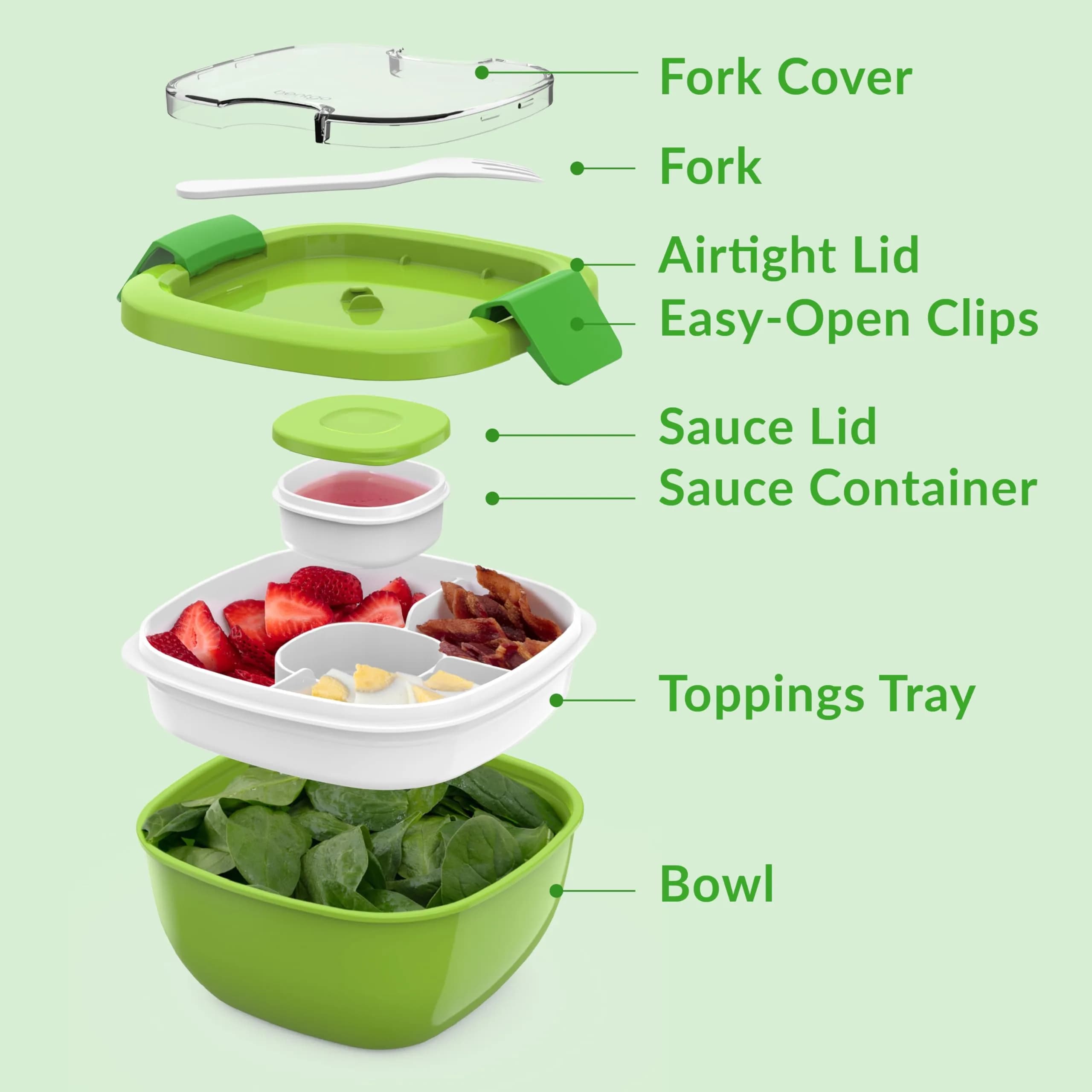 Bentgo Salad Container Green 54 oz | Leak-Proof Meal Prep Lunch Box with 4-Compartment Tray & Fork - view 6
