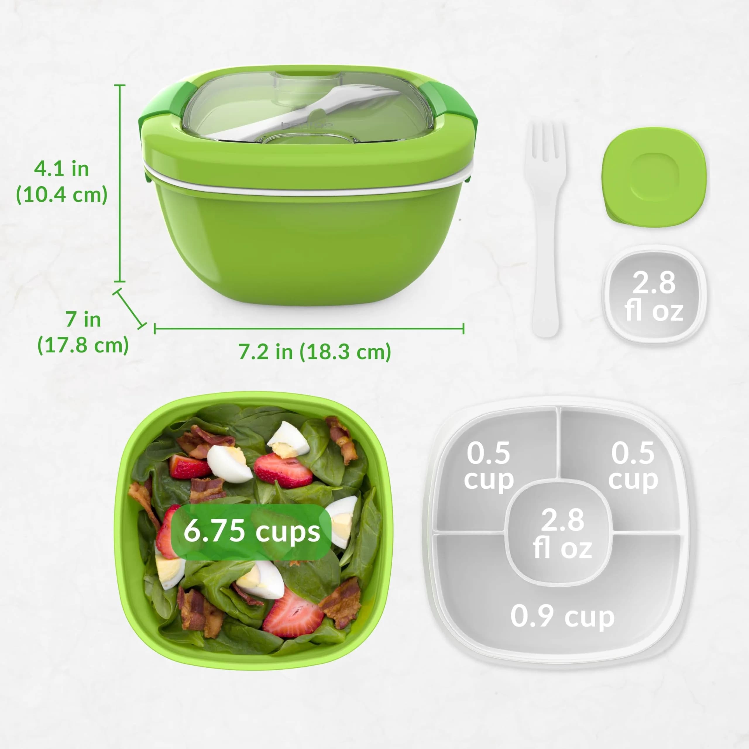Bentgo Salad Container Green 54 oz | Leak-Proof Meal Prep Lunch Box with 4-Compartment Tray & Fork - view 7