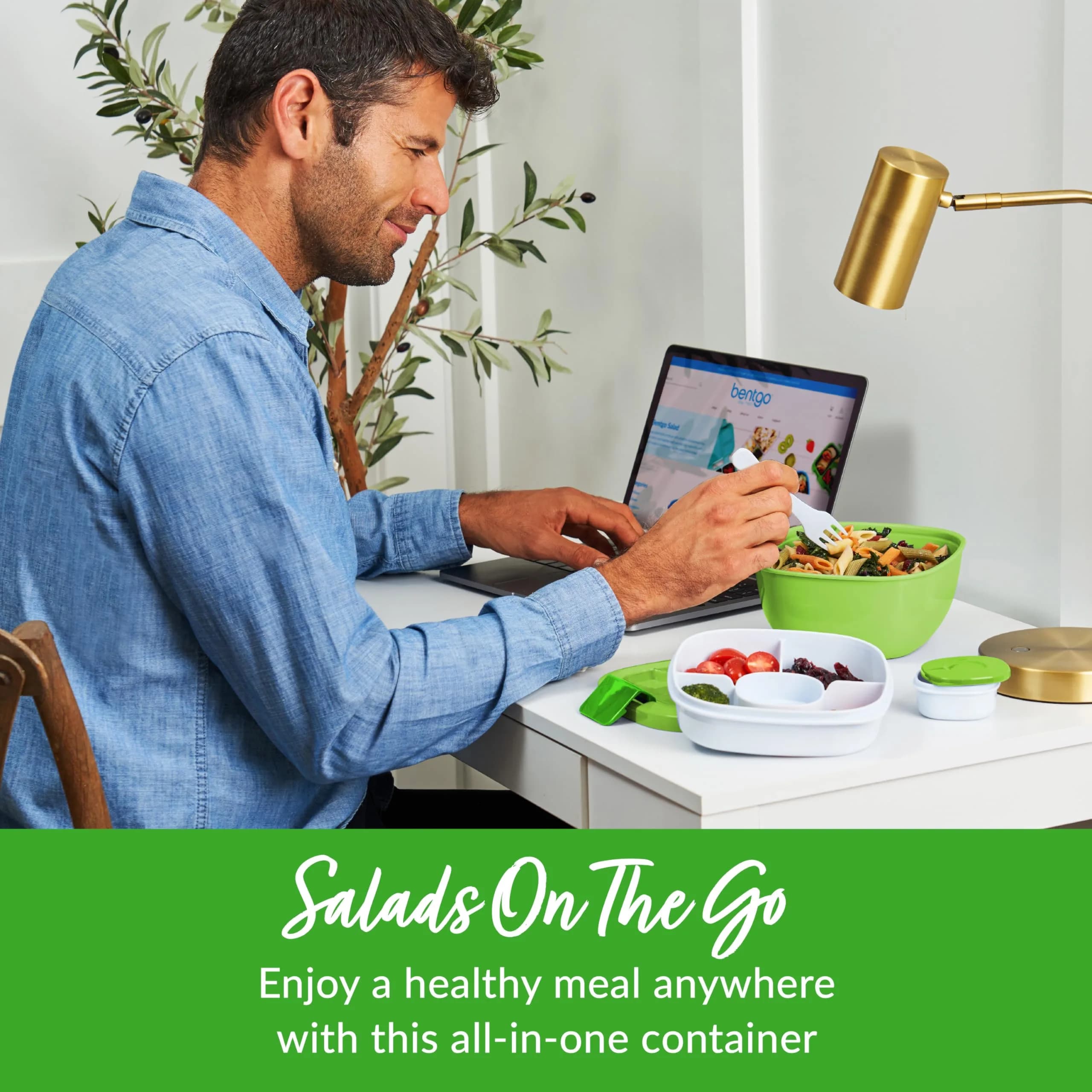 Bentgo Salad Container Green 54 oz | Leak-Proof Meal Prep Lunch Box with 4-Compartment Tray & Fork - view 2