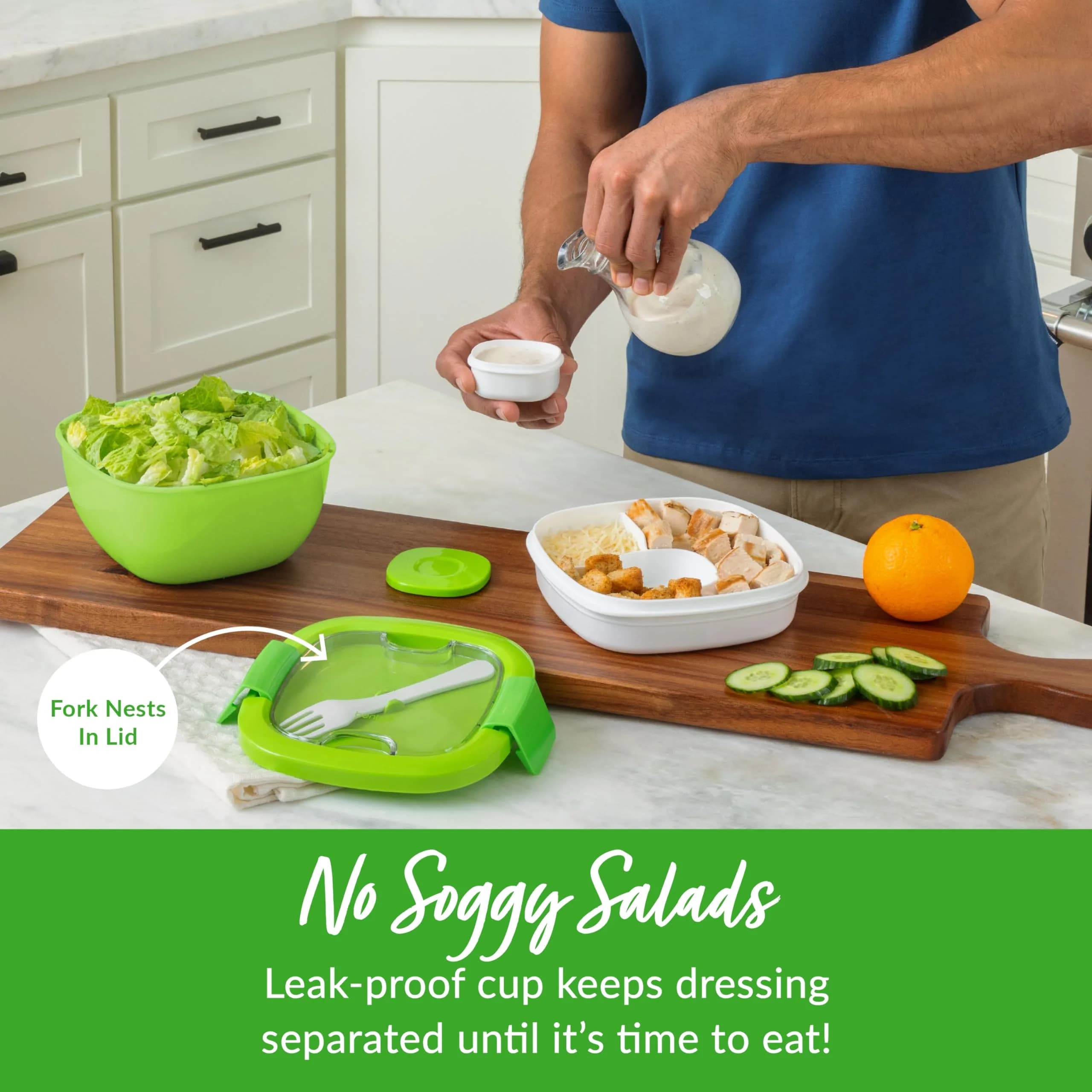 Bentgo Salad Container Green 54 oz | Leak-Proof Meal Prep Lunch Box with 4-Compartment Tray & Fork - view 4