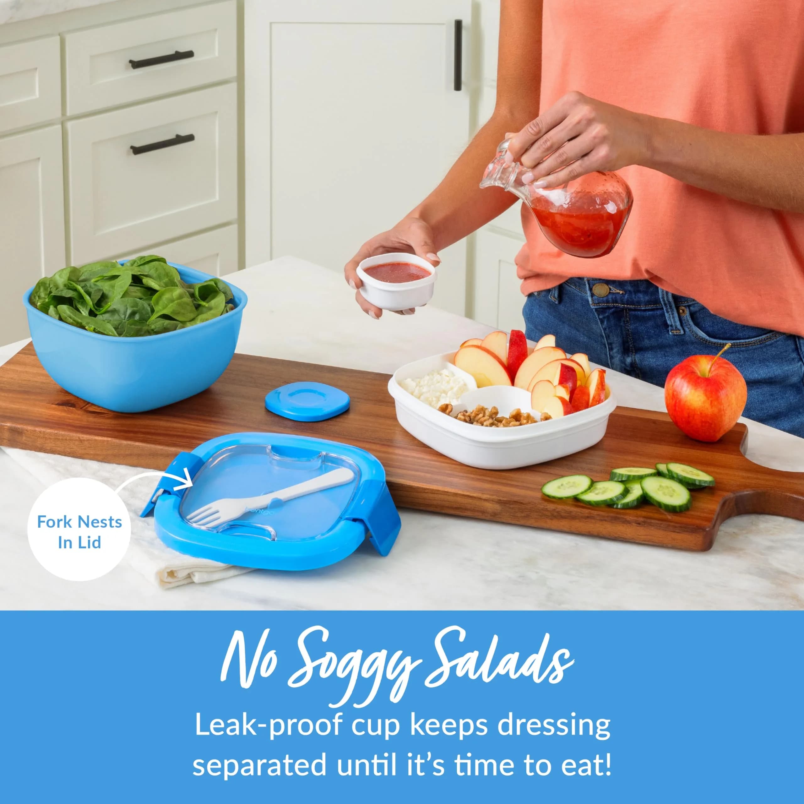 Bentgo Blue 54 oz Salad Container with 4-Compartment Tray | Leak-Proof, Includes Fork - view 4
