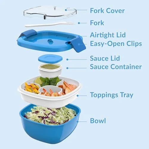 Bentgo Salad Container Blue 1.6L (54 oz) | Leak-Proof Lunch Bowl with 4-Compartment Toppings Tray & Fork thumbnail 6
