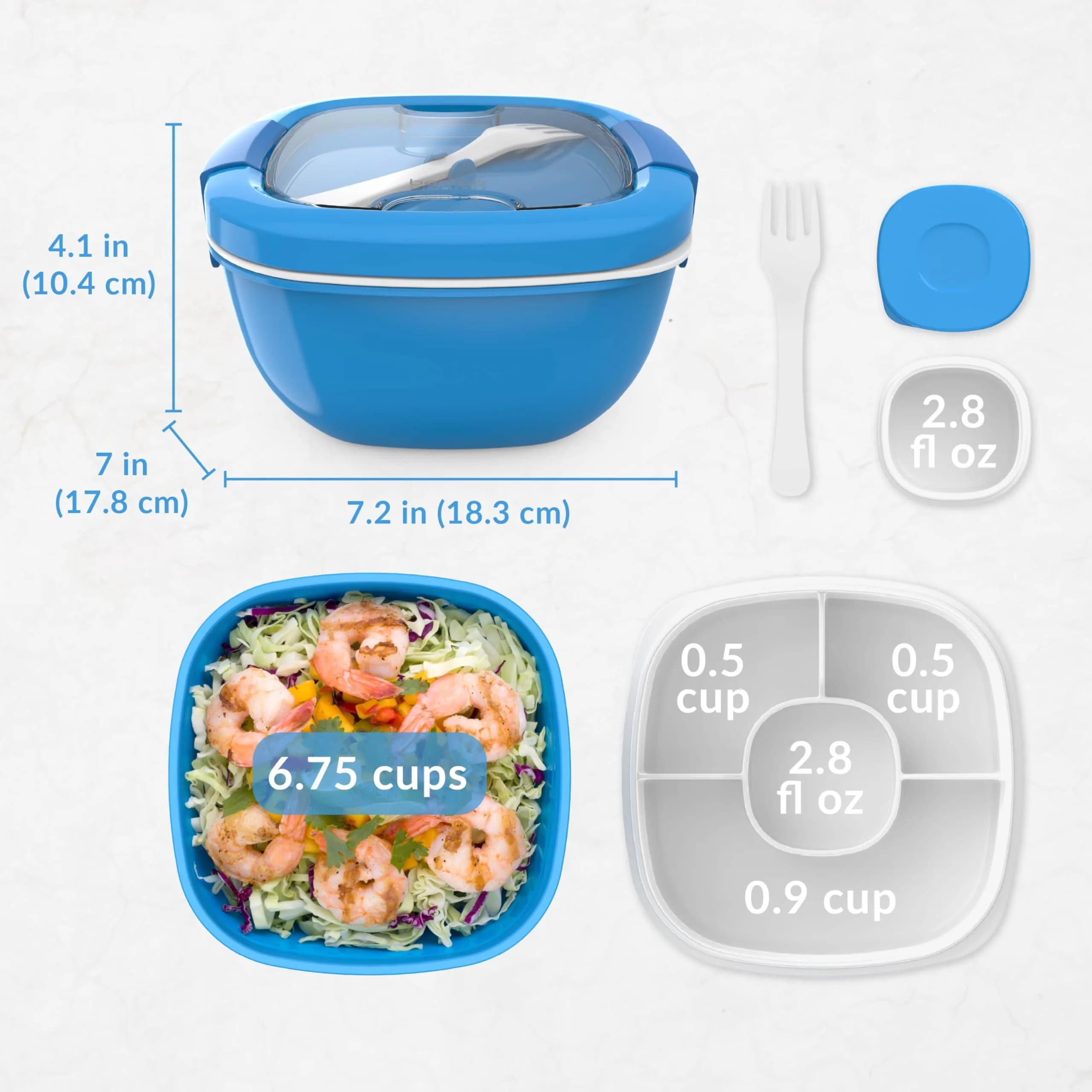 Bentgo Salad Container Blue 1.6L (54 oz) | Leak-Proof Lunch Bowl with 4-Compartment Toppings Tray & Fork - view 7