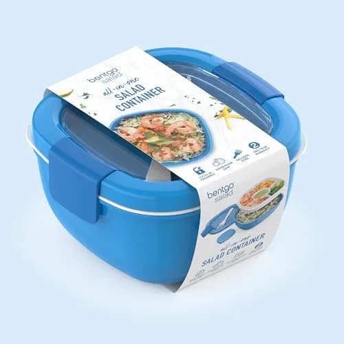 Bentgo Salad Container Blue 1.6L (54 oz) | Leak-Proof Lunch Bowl with 4-Compartment Toppings Tray & Fork thumbnail 8