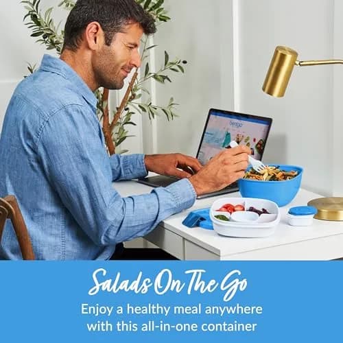 Bentgo Salad Container Blue 1.6L (54 oz) | Leak-Proof Lunch Bowl with 4-Compartment Toppings Tray & Fork thumbnail 2