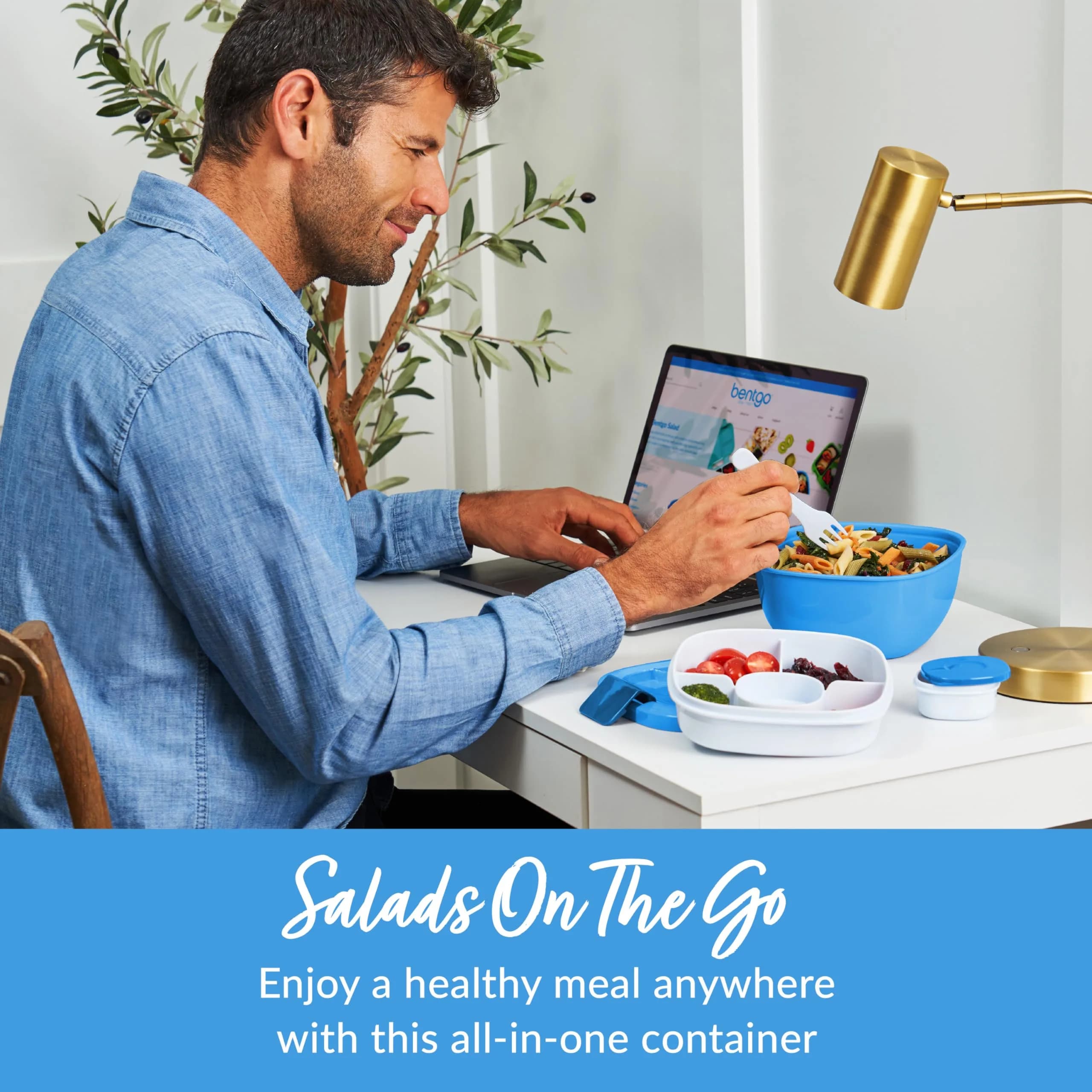 Bentgo Blue 54 oz Salad Container with 4-Compartment Tray | Leak-Proof, Includes Fork - view 2