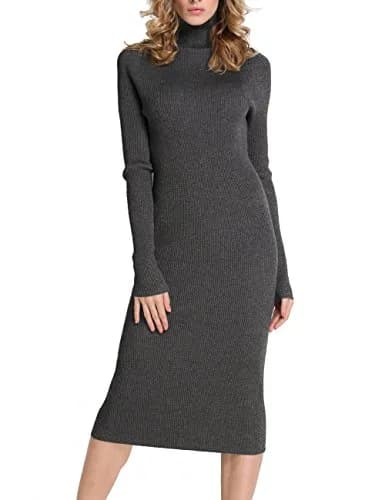 Rocorose Women's Turtleneck Ribbed Elbow Long Sleeve Knit Sweater Dress Dark Grey M | Classic Slim Fit, Warm & Stylish thumbnail 1