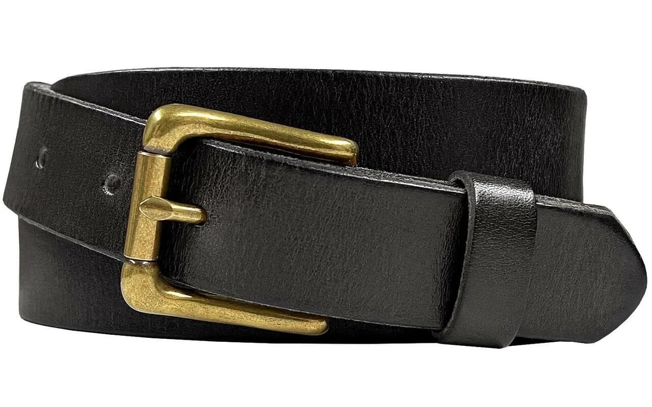 Belts.com Men's Solid Brass Roller Buckle Leather Belt 1-1/8" (30mm) Black-32 | Vintage Full Grain Cowhide — Black-brass Roller