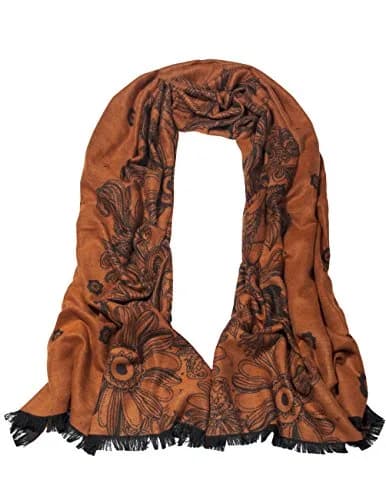 Dahlia Women's Rayon Scarf Shawl - Floral Orange Flowers - Brown | Soft, Warm & Silky thumbnail 1