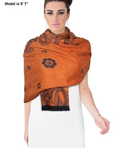 Dahlia Women's Rayon Scarf Shawl - Floral Orange Flowers - Brown | Soft, Warm & Silky thumbnail 5