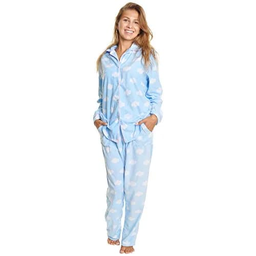 Angelina Womens Pajama Set with Notch Collar and Pockets | Blue Clouds | Cozy Fleece thumbnail 1