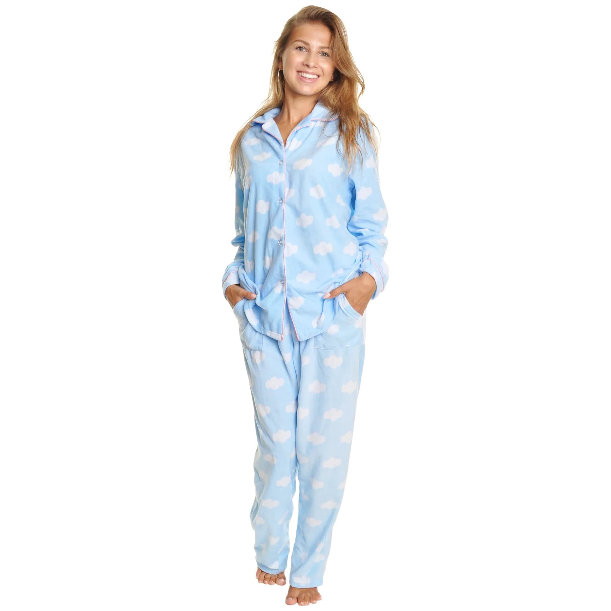 Angelina Womens Pajama Set with Notch Collar and Pockets | Blue Clouds | Cozy Fleece Sleepwear (70-120c)
