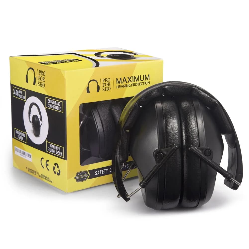 Pro For Sho 34dB NRR Ear Protection Earmuffs, Pink 204 g (0.45 lb) | Foldable Noise Reduction for Shooting, Yard Work, Sensory Needs — Black