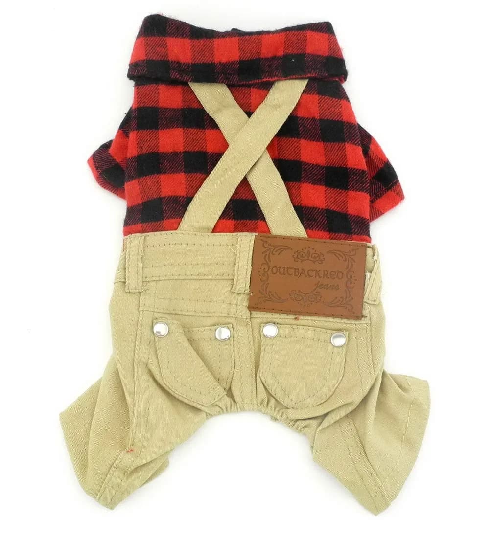 SMALLLEE_LUCKY_STORE Pet Clothes for Small Dog Cat XS | Red Plaid Shirt & Khaki Overalls with Snap Buttons