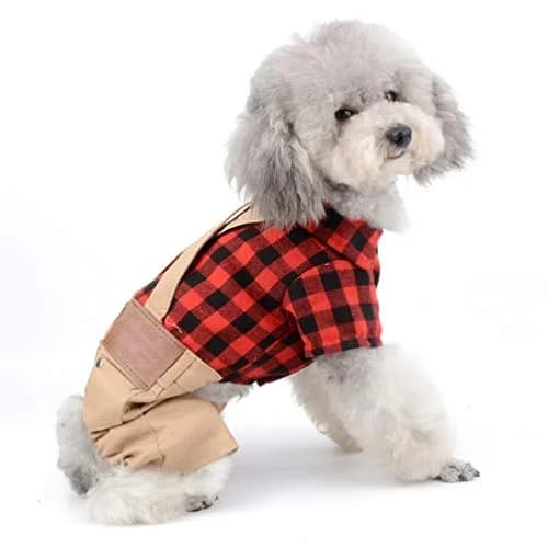 SMALLLEE_LUCKY_STORE Pet Clothes for Small Dog Cat XS | Red Plaid Shirt & Khaki Overalls with Snap Buttons thumbnail 3
