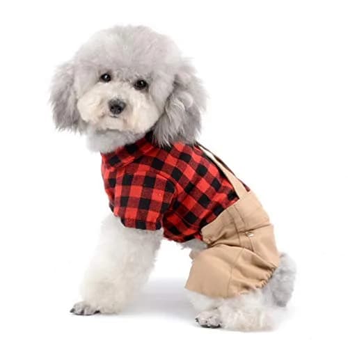 SMALLLEE_LUCKY_STORE Pet Clothes for Small Dog Cat Red Plaid Shirts Sweater with Khaki Overalls Pants Jumpsuit Outfits S | Easy Snap & High Belly Cut thumbnail 4